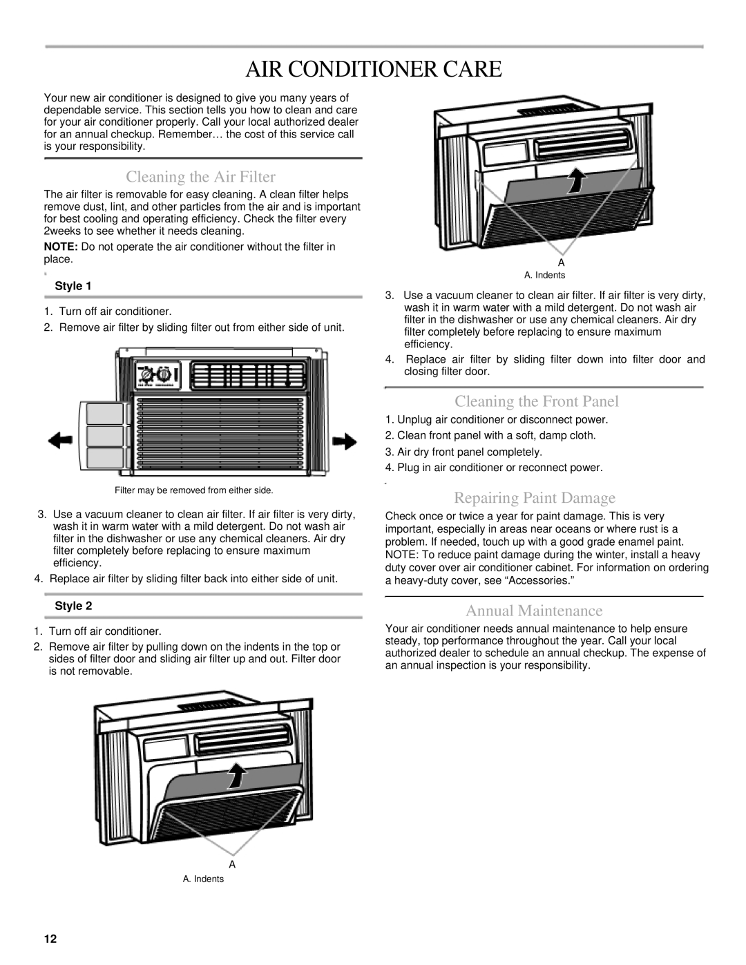 Soleus Air KC-35U, KC-25U AIR Conditioner Care, Cleaning the Air Filter, Cleaning the Front Panel, Repairing Paint Damage 