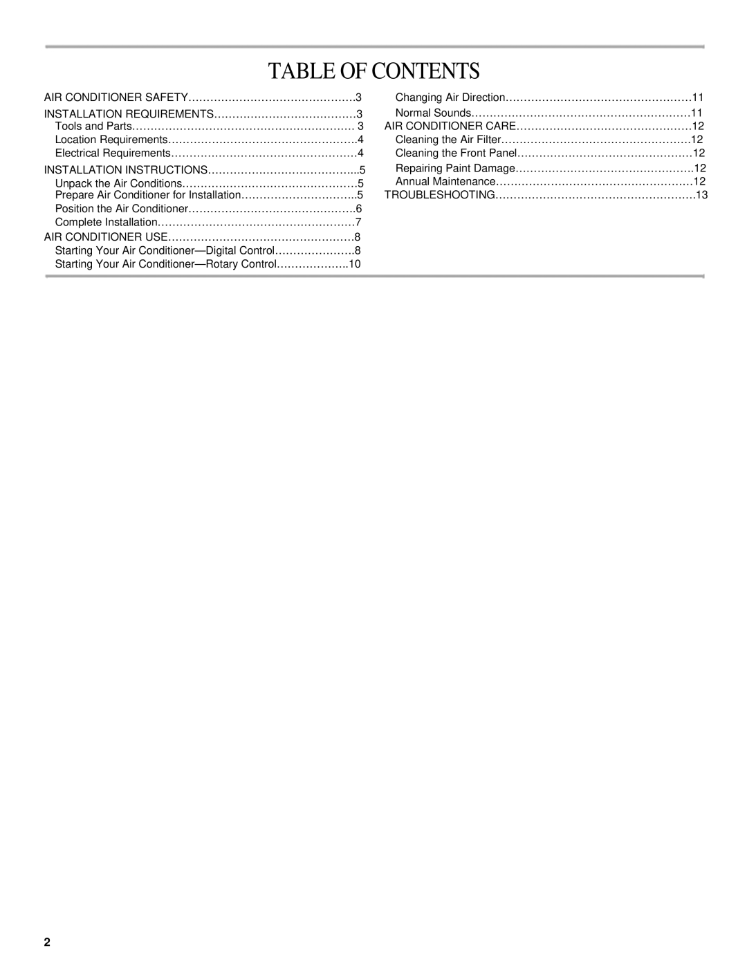 Soleus Air KC-35U, KC-25U, KC-32U, KC-15U, KC-18U owner manual Table of Contents 