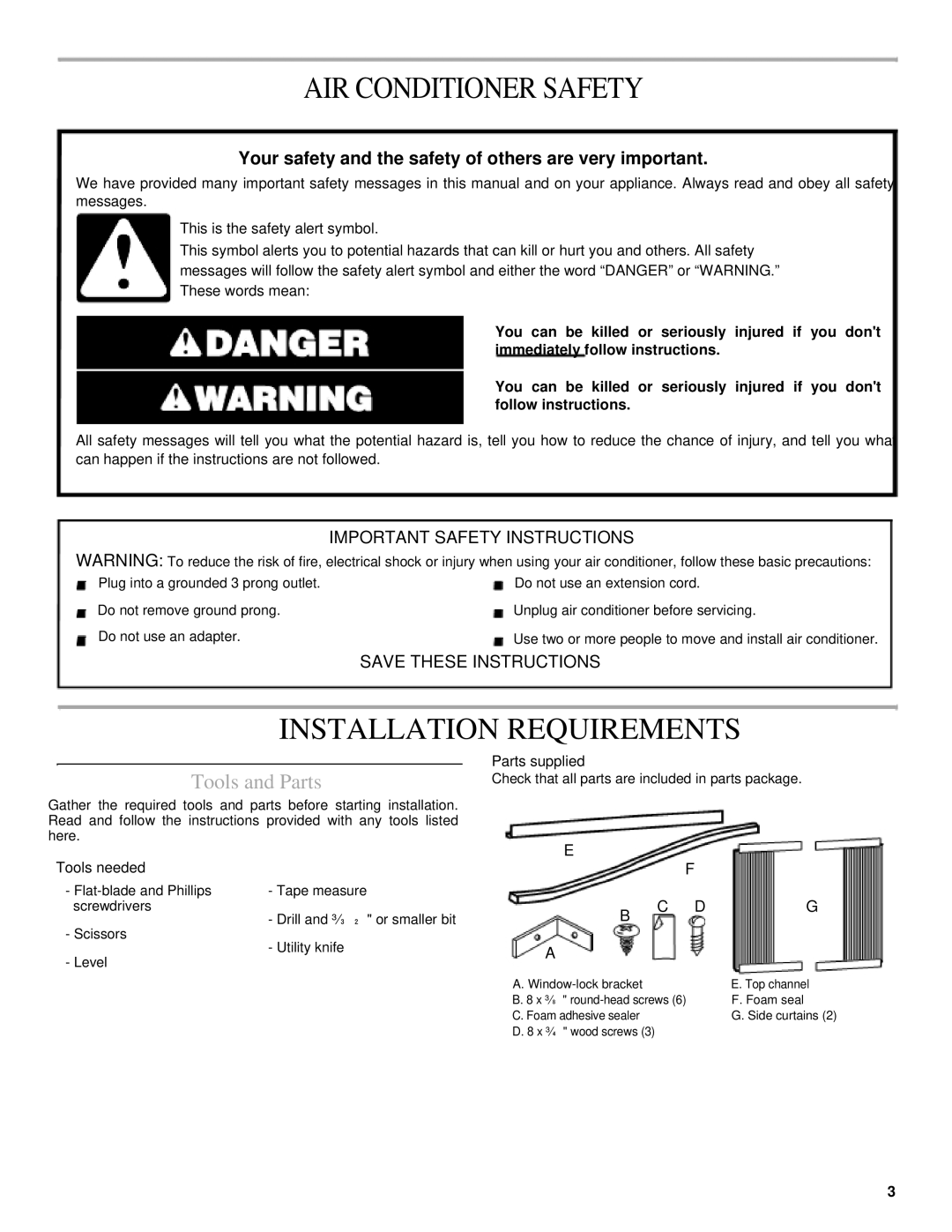 Soleus Air KC-15U, KC-25U, KC-32U, KC-35U, KC-18U AIR Conditioner Safety, Installation Requirements, Tools and Parts 