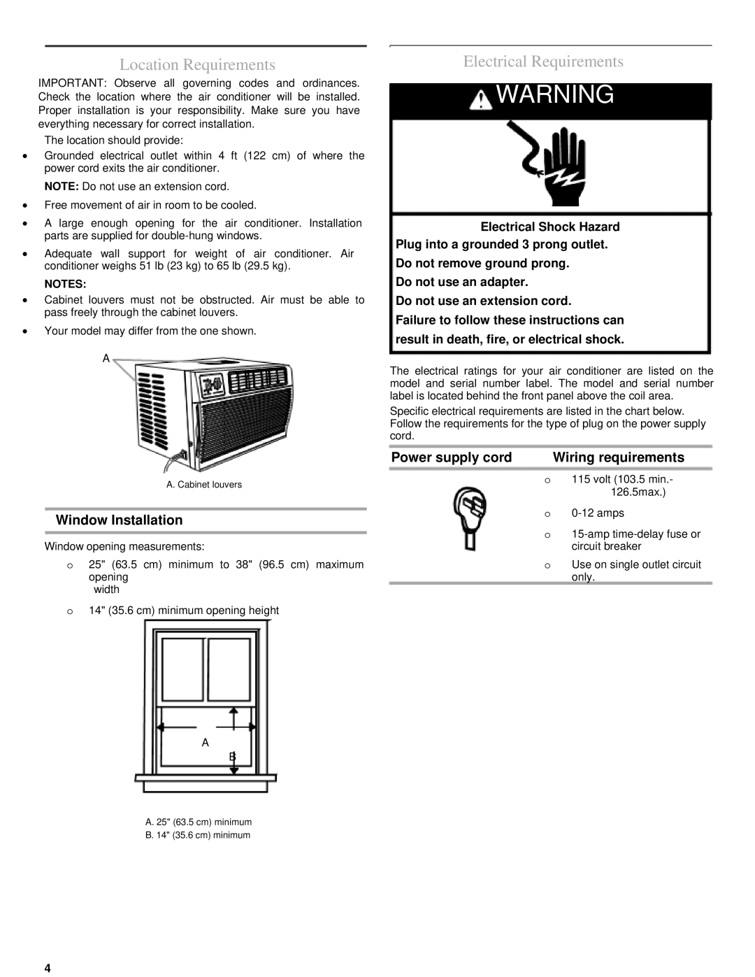 Soleus Air KC-18U, KC-25U, KC-32U Location Requirements, Electrical Requirements, Window Installation, Power supply cord 