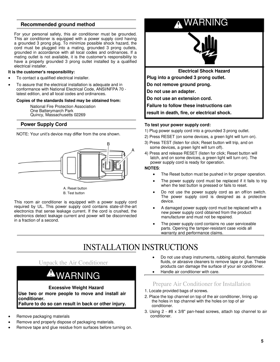 Soleus Air KC-25U, KC-32U Installation Instructions, Unpack the Air Conditioner, Prepare Air Conditioner for Installation 