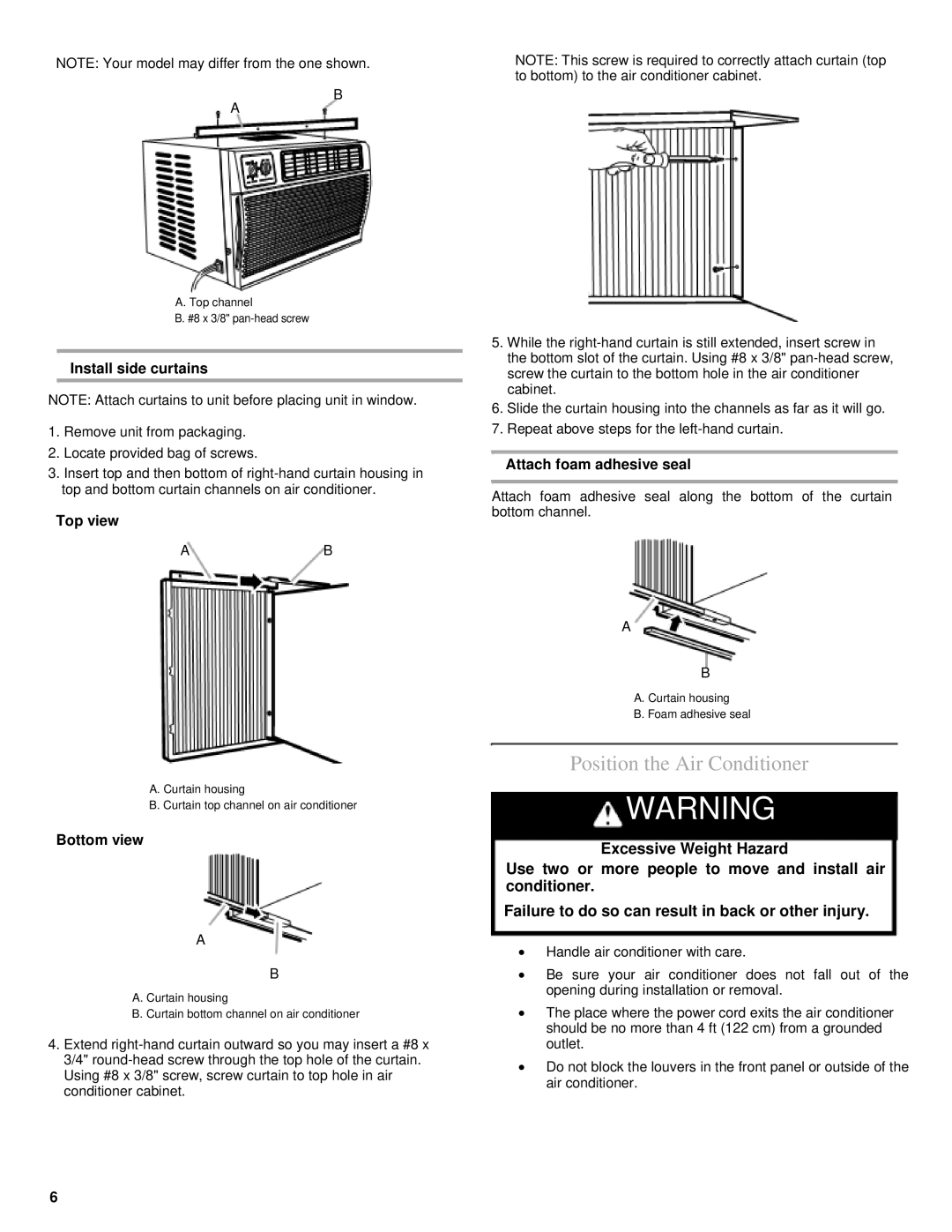 Soleus Air KC-32U Position the Air Conditioner, Install side curtains, Top view, Bottom view, Attach foam adhesive seal 