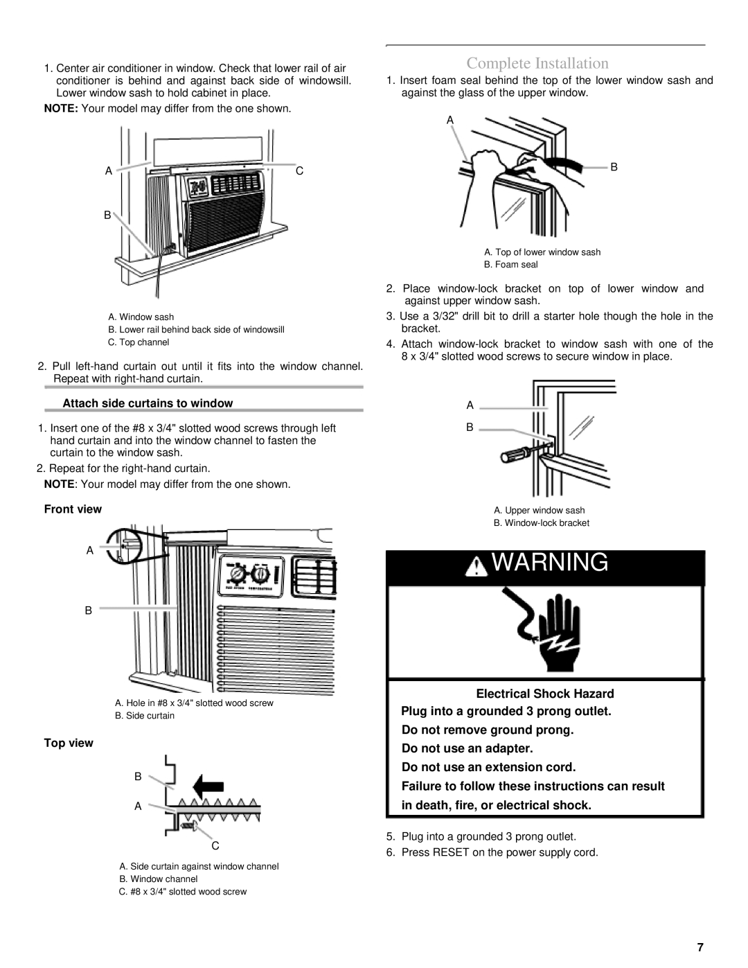 Soleus Air KC-35U, KC-25U, KC-32U, KC-15U, KC-18U Complete Installation, Attach side curtains to window, Front view 