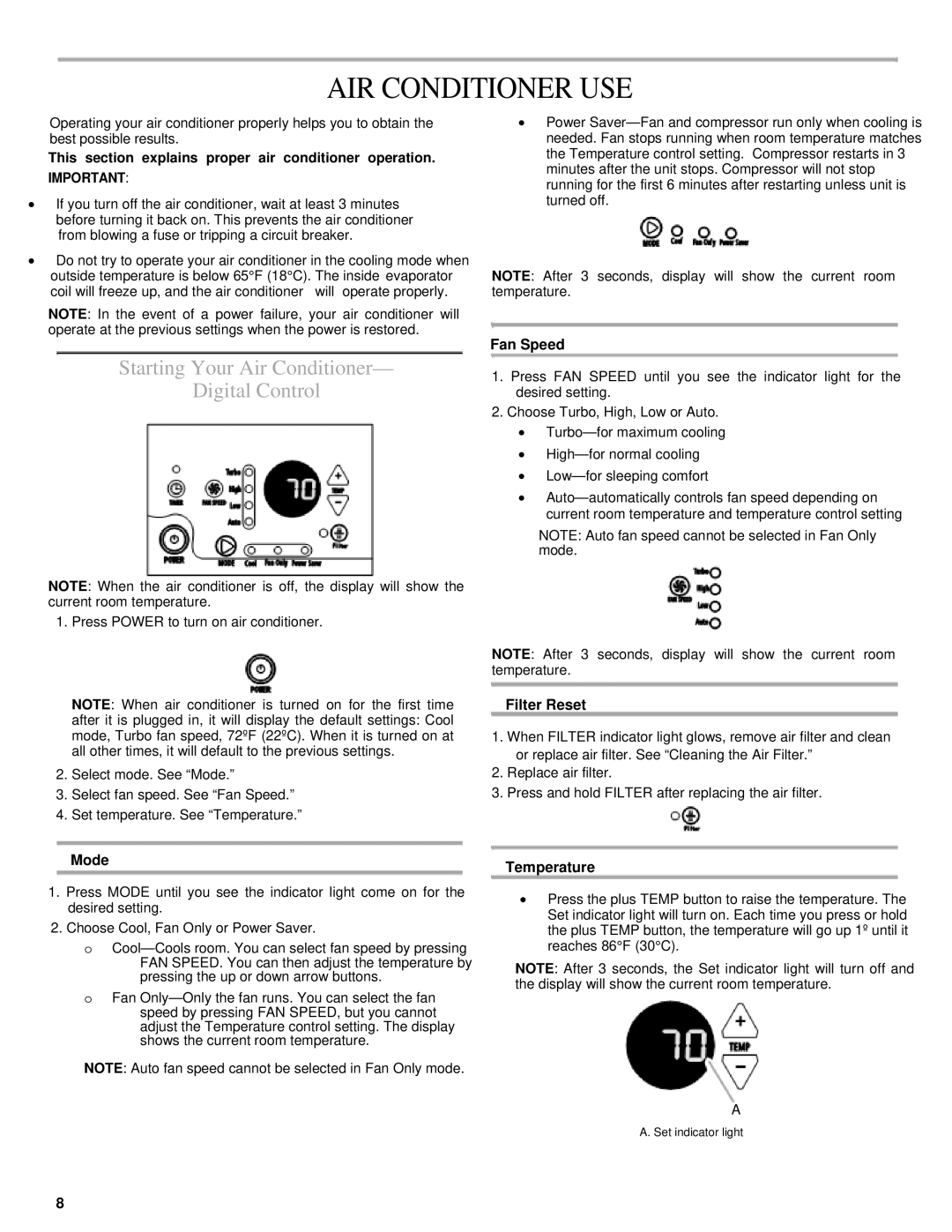 Soleus Air KC-15U, KC-25U, KC-32U, KC-35U, KC-18U AIR Conditioner USE, Starting Your Air Conditioner Digital Control 