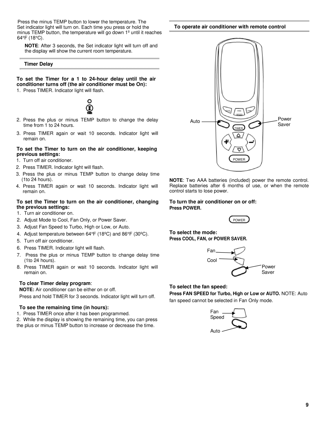 Soleus Air KC-18U To clear Timer delay program, To see the remaining time in hours, To turn the air conditioner on or off 