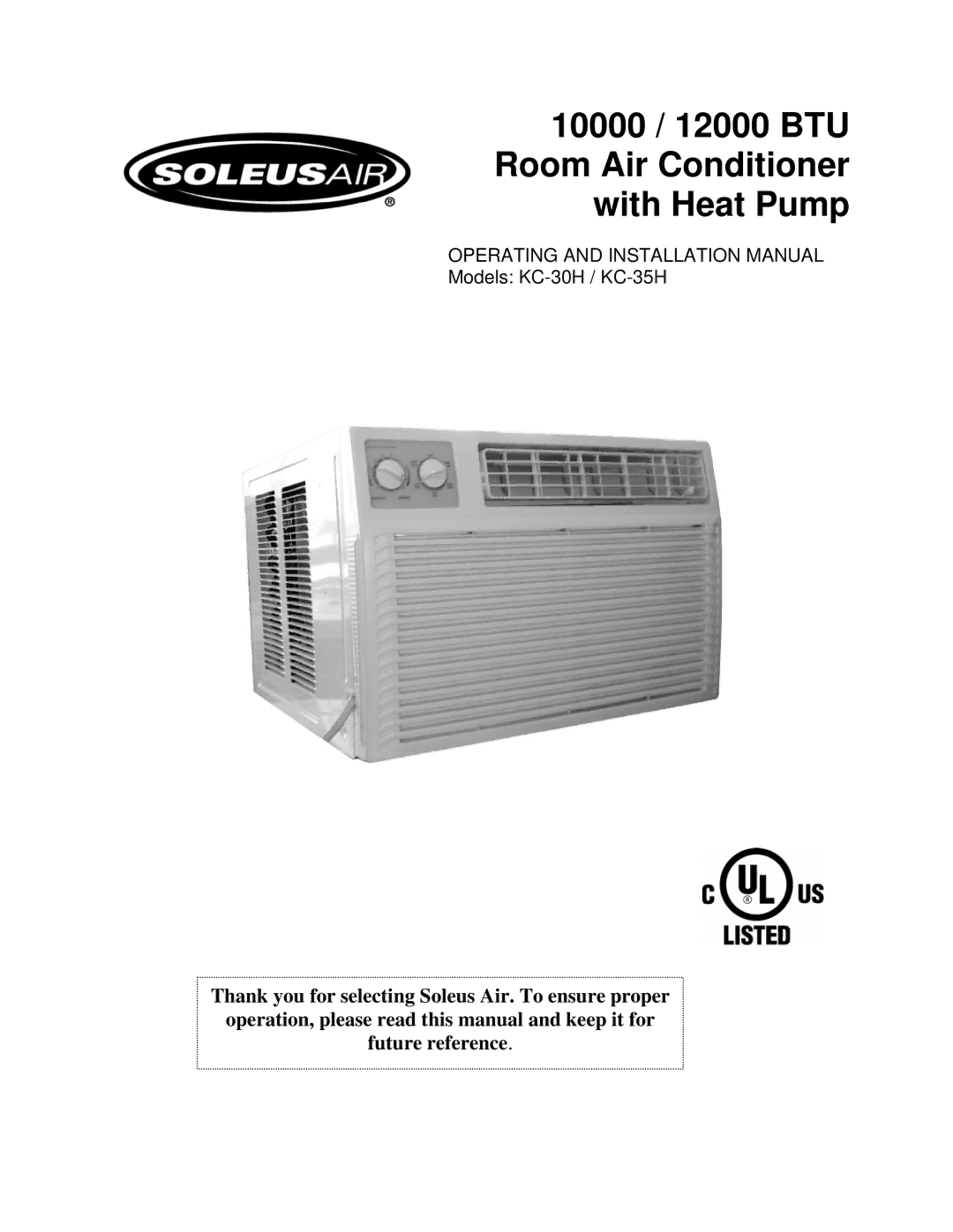 Soleus Air KC-30H / KC-35H installation manual 10000 / 12000 BTU Room Air Conditioner with Heat Pump 