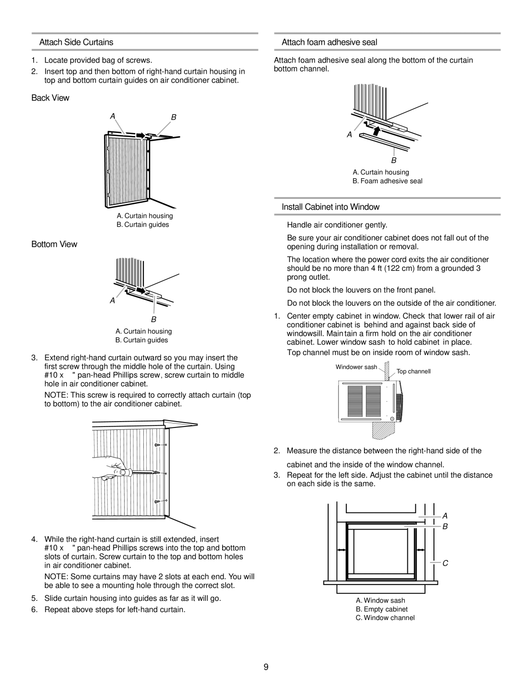 Soleus Air KC-30H / KC-35H installation manual Attach Side Curtains, Back View, Bottom View, Attach foam adhesive seal 