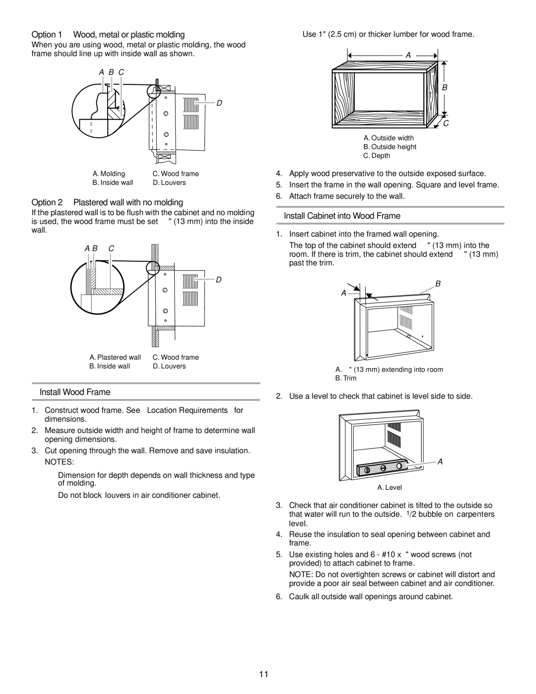 Soleus Air KC-30H / KC-35H Option 1-Wood, metal or plastic molding, Option 2-Plastered wall with no molding 