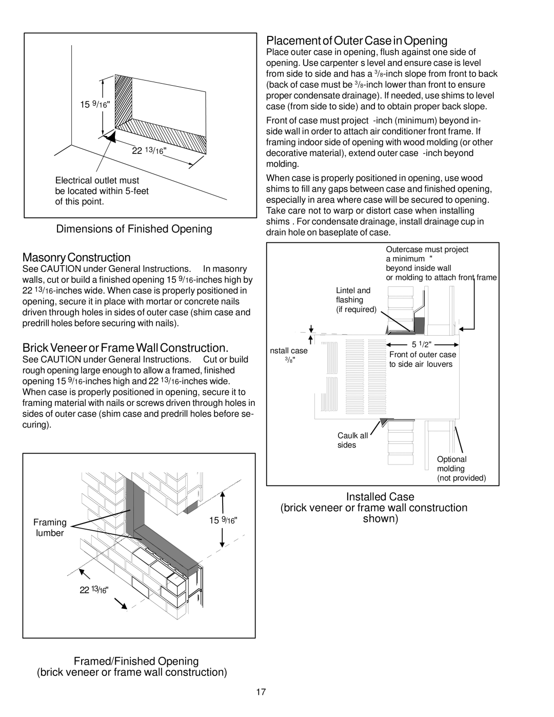 Soleus Air KC-30H / KC-35H installation manual MasonryConstruction, Placement of Outer Case in Opening 