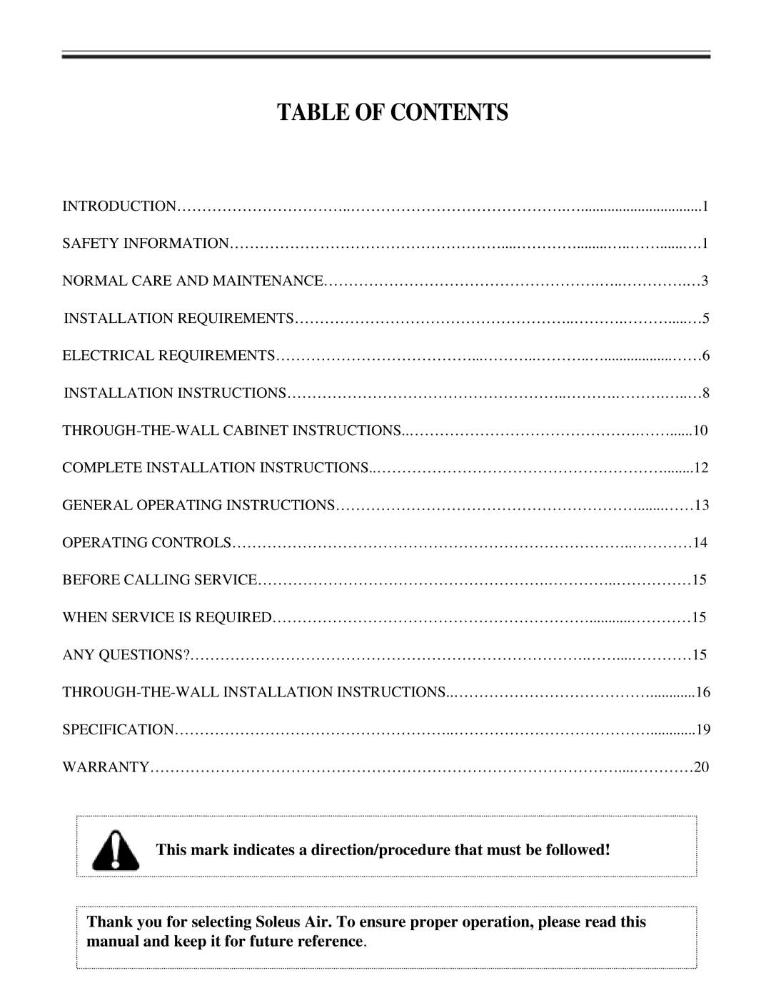 Soleus Air KC-30H / KC-35H installation manual Table of Contents 