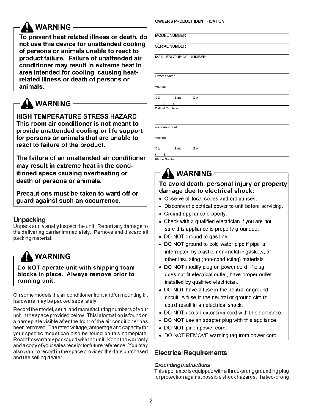 Soleus Air KC-30H / KC-35H installation manual Unpacking, ElectricalRequirements, GroundingInstructions 