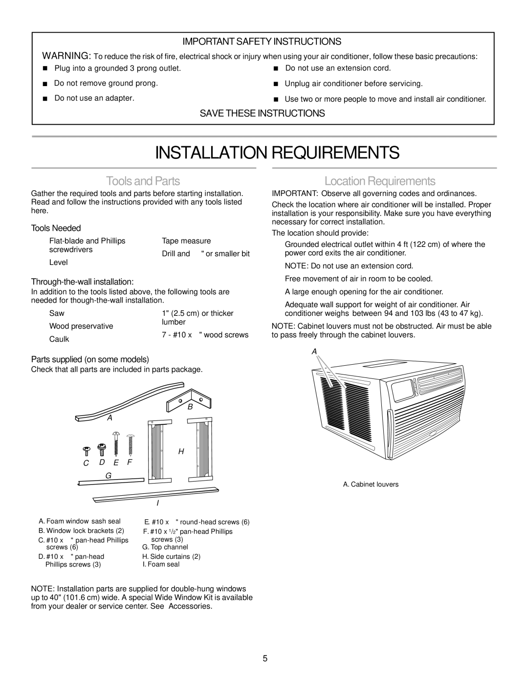 Soleus Air KC-30H / KC-35H Tools and Parts, Location Requirements, Tools Needed, Through-the-wall installation 