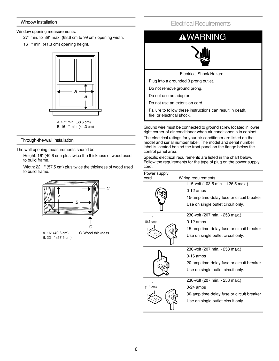 Soleus Air KC-30H / KC-35H installation manual Electrical Requirements, Window installation 