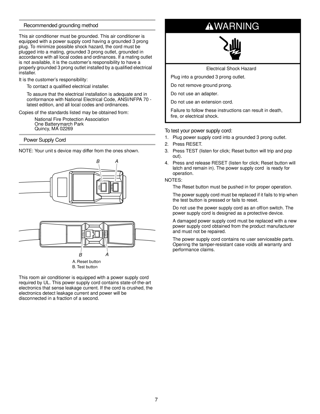 Soleus Air KC-30H / KC-35H Recommended grounding method, Power Supply Cord, To test your power supply cord 