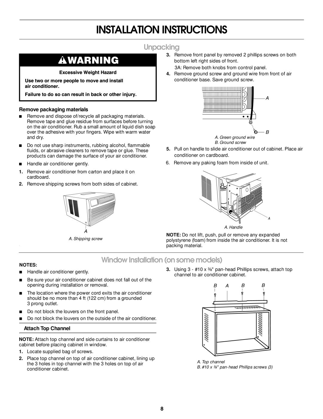 Soleus Air KC-30H / KC-35H installation manual Installation Instructions, Unpacking, Window Installation on some models 