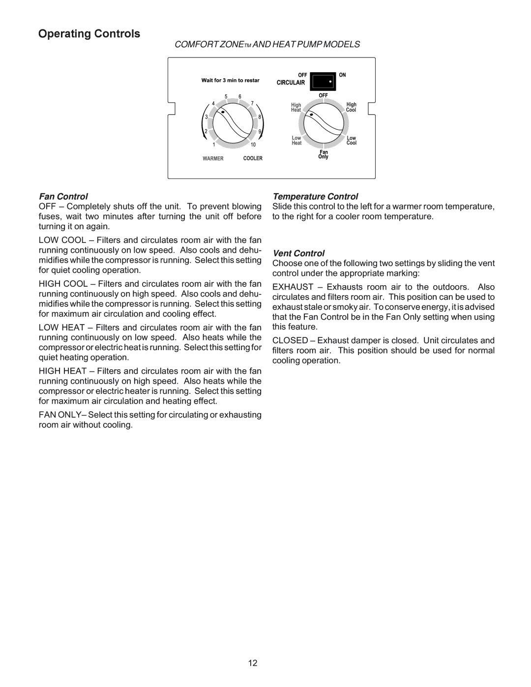 Soleus Air KC-45H installation manual Operating Controls, Fan Control, Temperature Control, Vent Control 