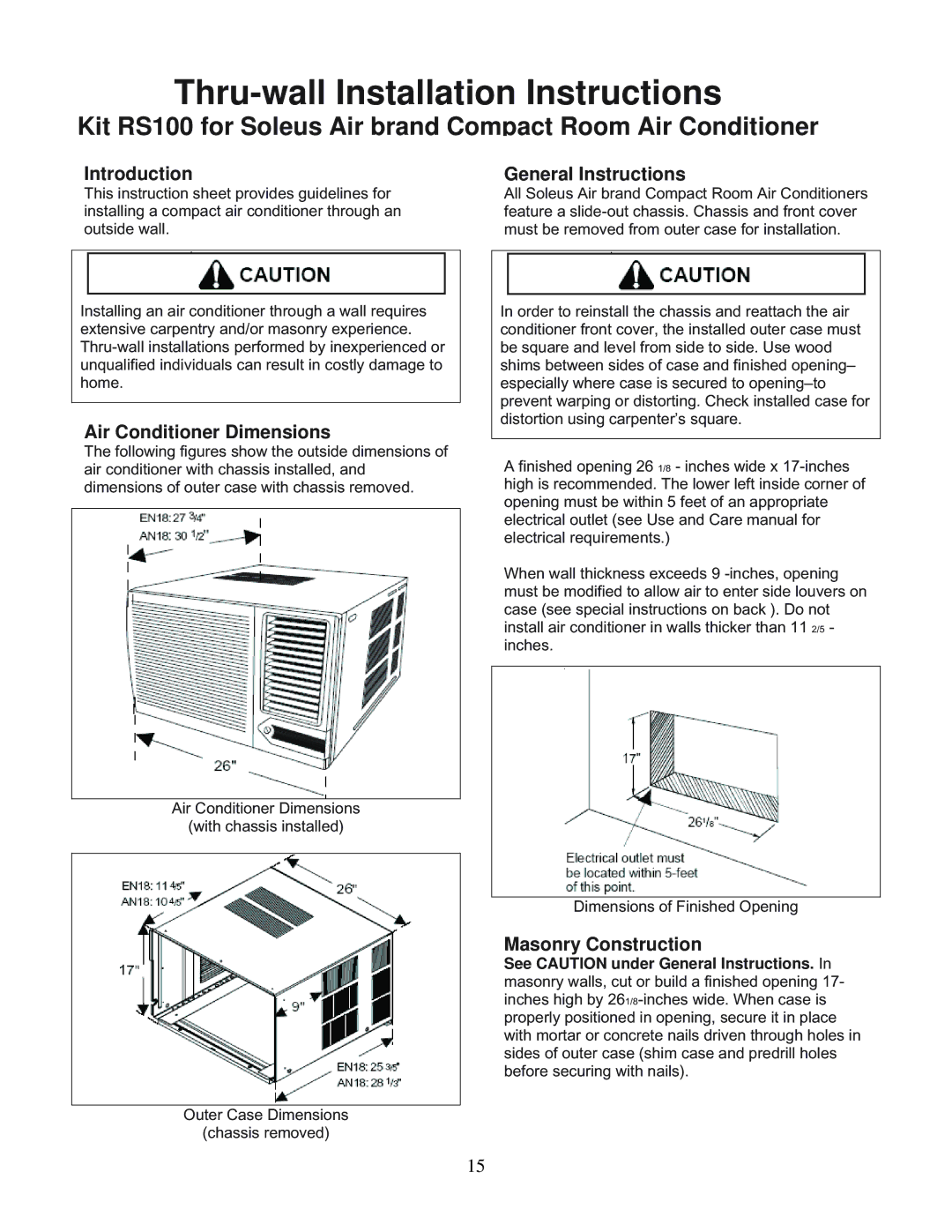 Soleus Air KC-45H installation manual Thru-wall Installation Instructions 