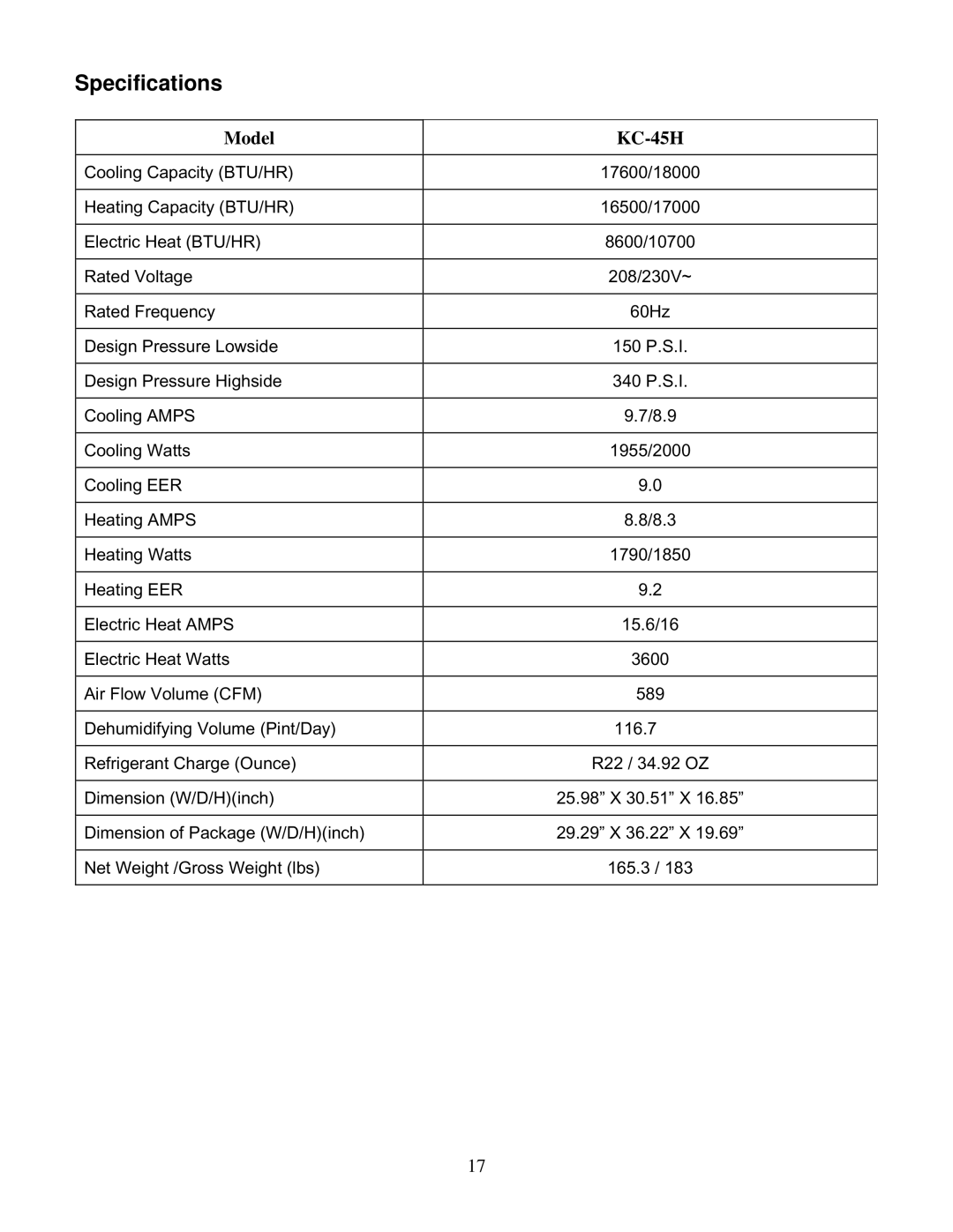 Soleus Air installation manual Specifications, Model KC-45H 