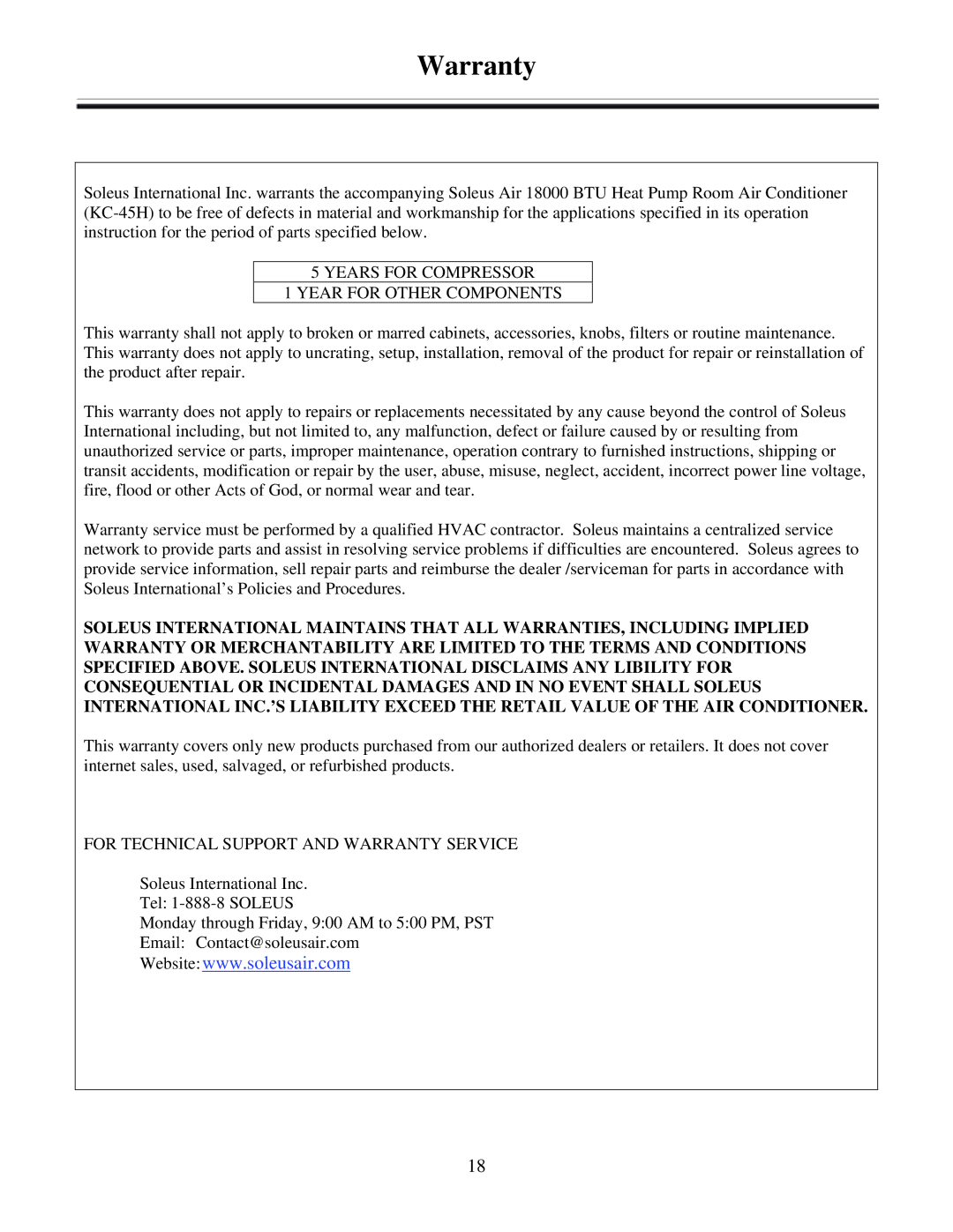 Soleus Air KC-45H installation manual Warranty 