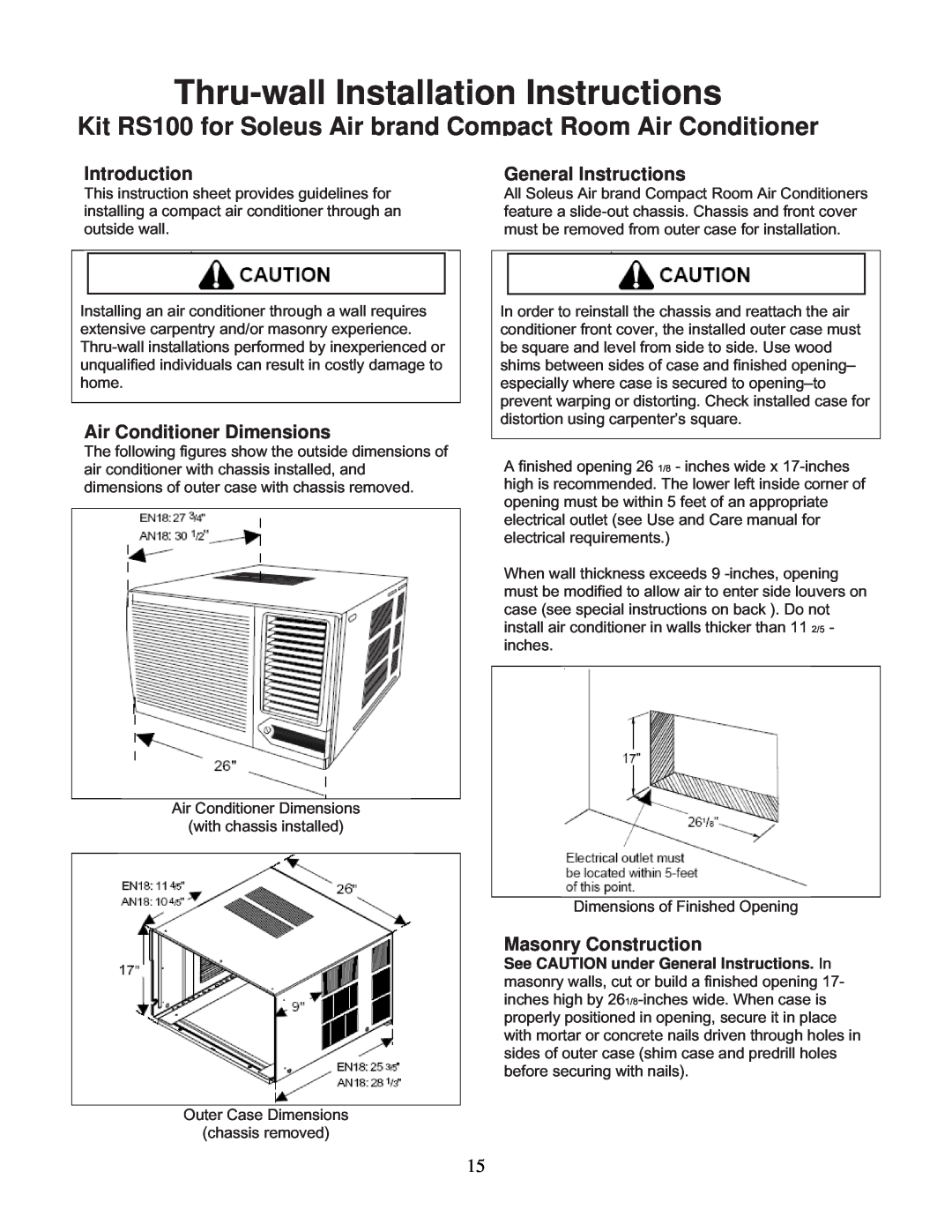 Soleus Air KC-45H Thru-wallInstallation Instructions, Introduction, Air Conditioner Dimensions, General Instructions 