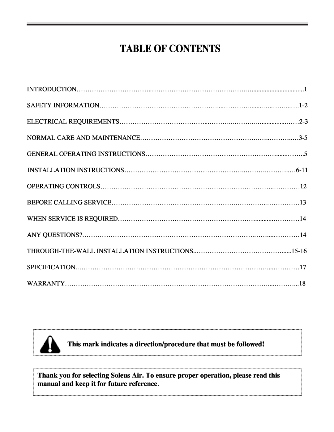 Soleus Air KC-45H installation manual Table Of Contents 