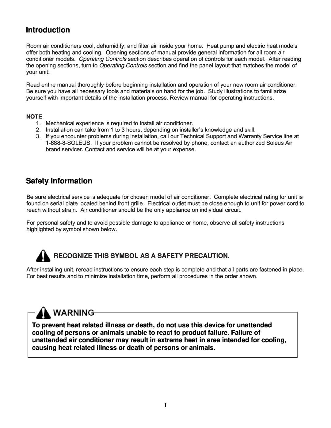 Soleus Air KC-45H installation manual Introduction, Safety Information, Recognize This Symbol As A Safety Precaution 