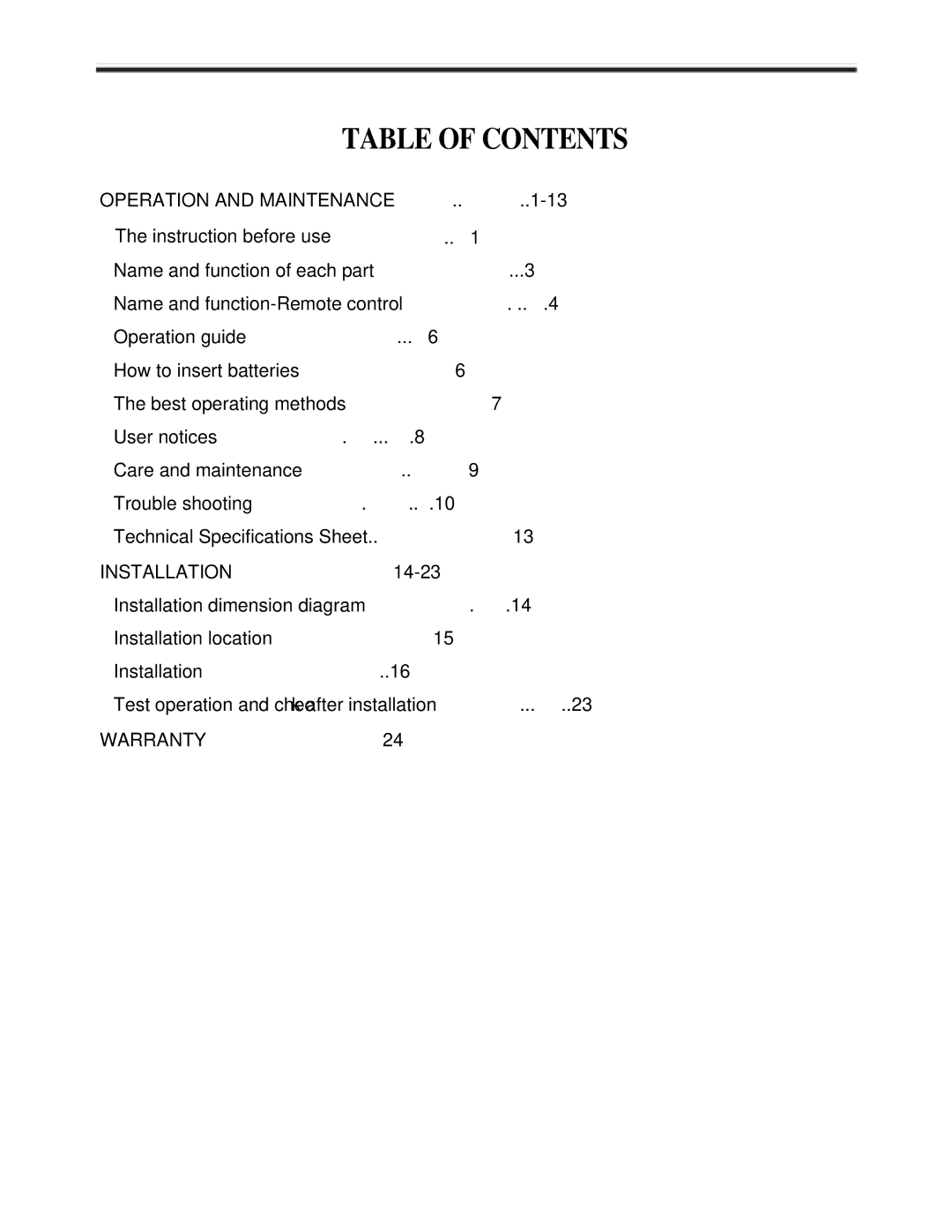 Soleus Air KFH-12/KFH-12-1, KFI-09/KFI-09-1 owner manual Table of Contents 