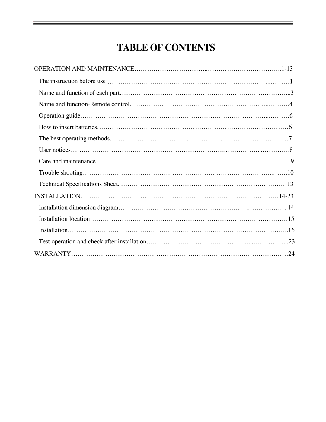 Soleus Air KFH-18-1 owner manual Table of Contents 