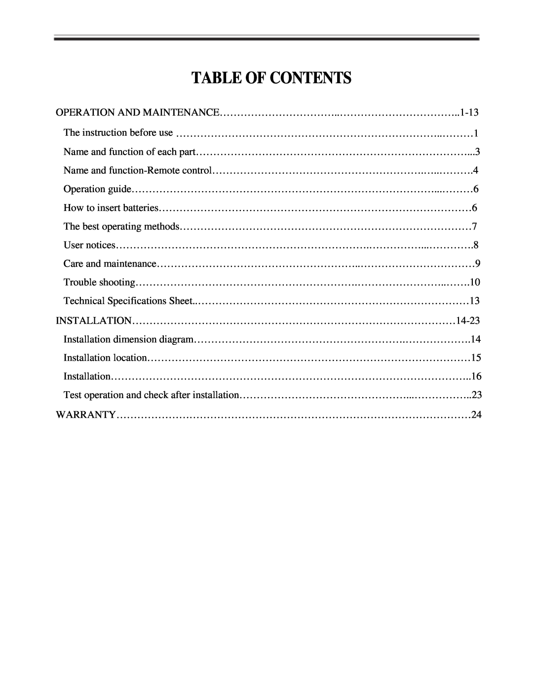 Soleus Air KFH-18-1 owner manual Table Of Contents 