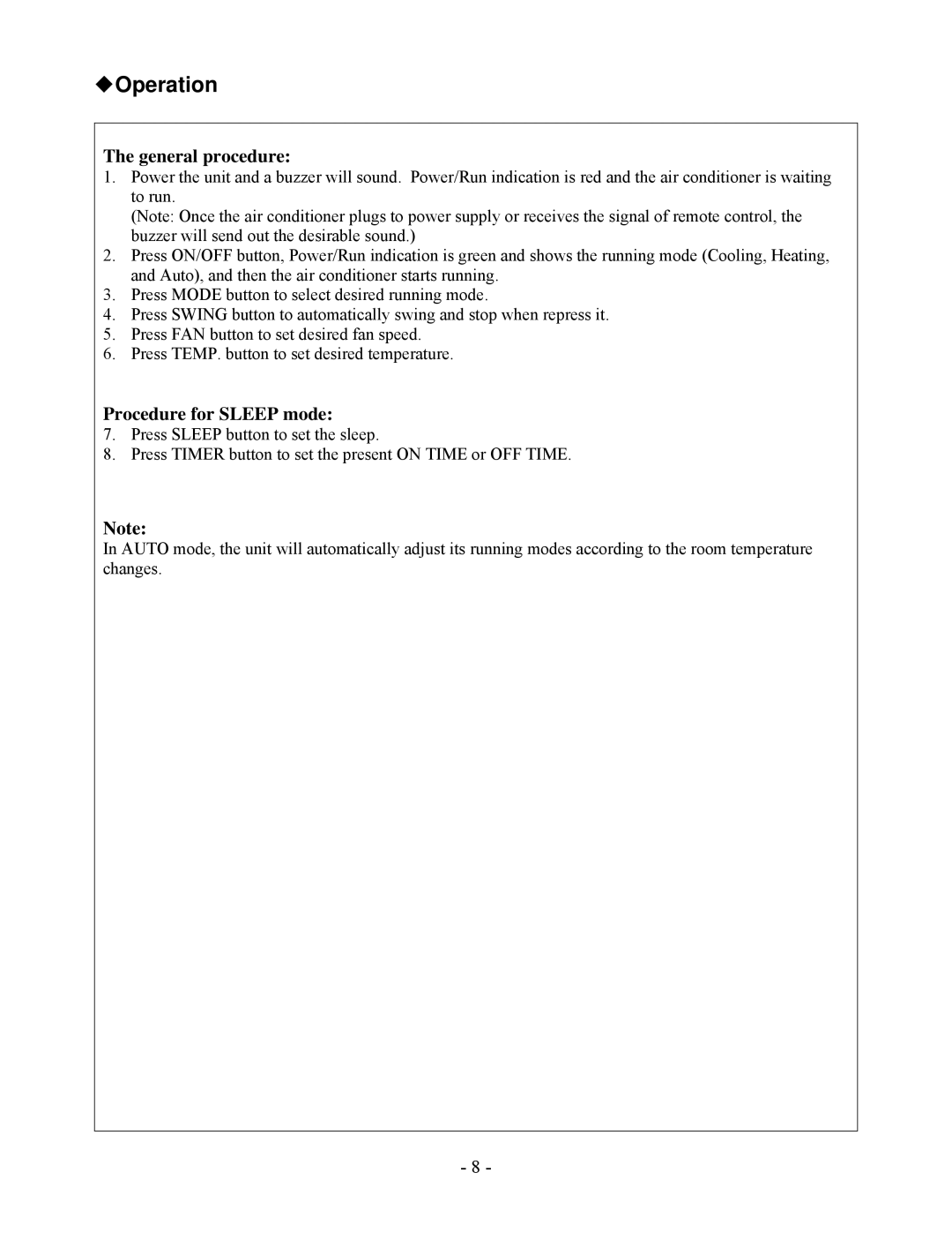 Soleus Air KFHHP-09-OD, KFHHP-12-ID, KFHHP-12-OD, KFIHP-09-ID installation manual Operation, General procedure 