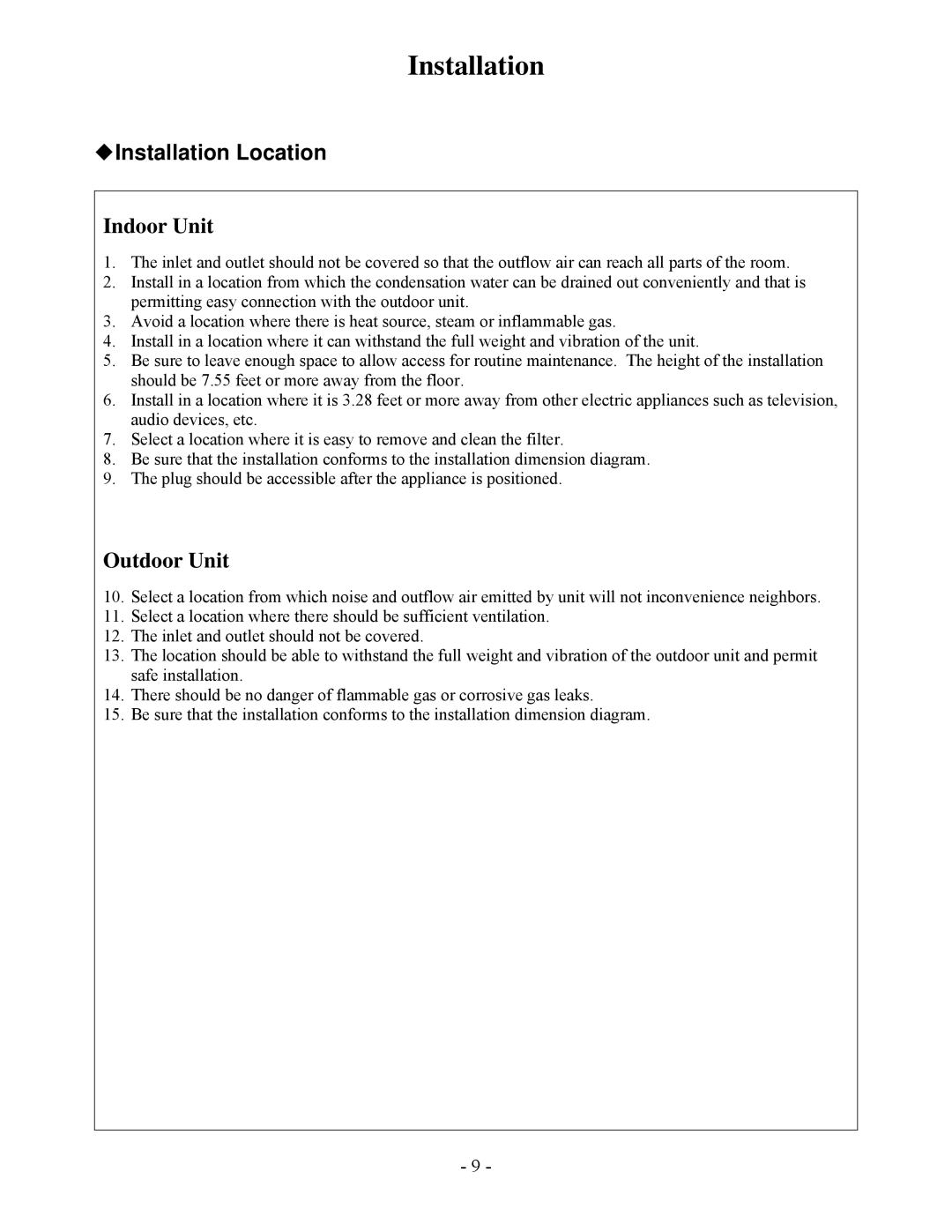 Soleus Air KFIHP-09-ID, KFHHP-12-ID, KFHHP-12-OD, KFHHP-09-OD Installation Location, Indoor Unit, Outdoor Unit 