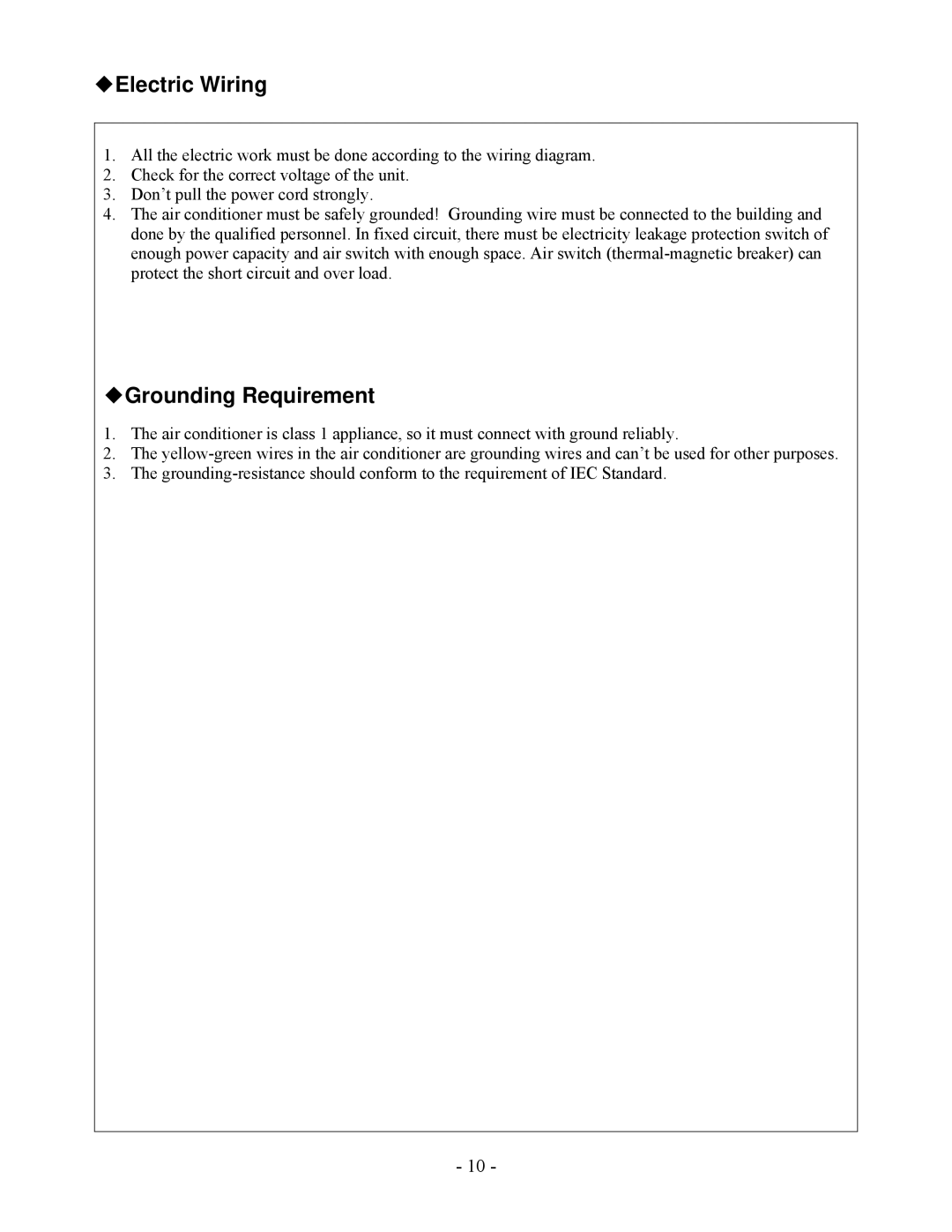 Soleus Air KFHHP-12-ID, KFHHP-12-OD, KFHHP-09-OD, KFIHP-09-ID installation manual Electric Wiring, Grounding Requirement 