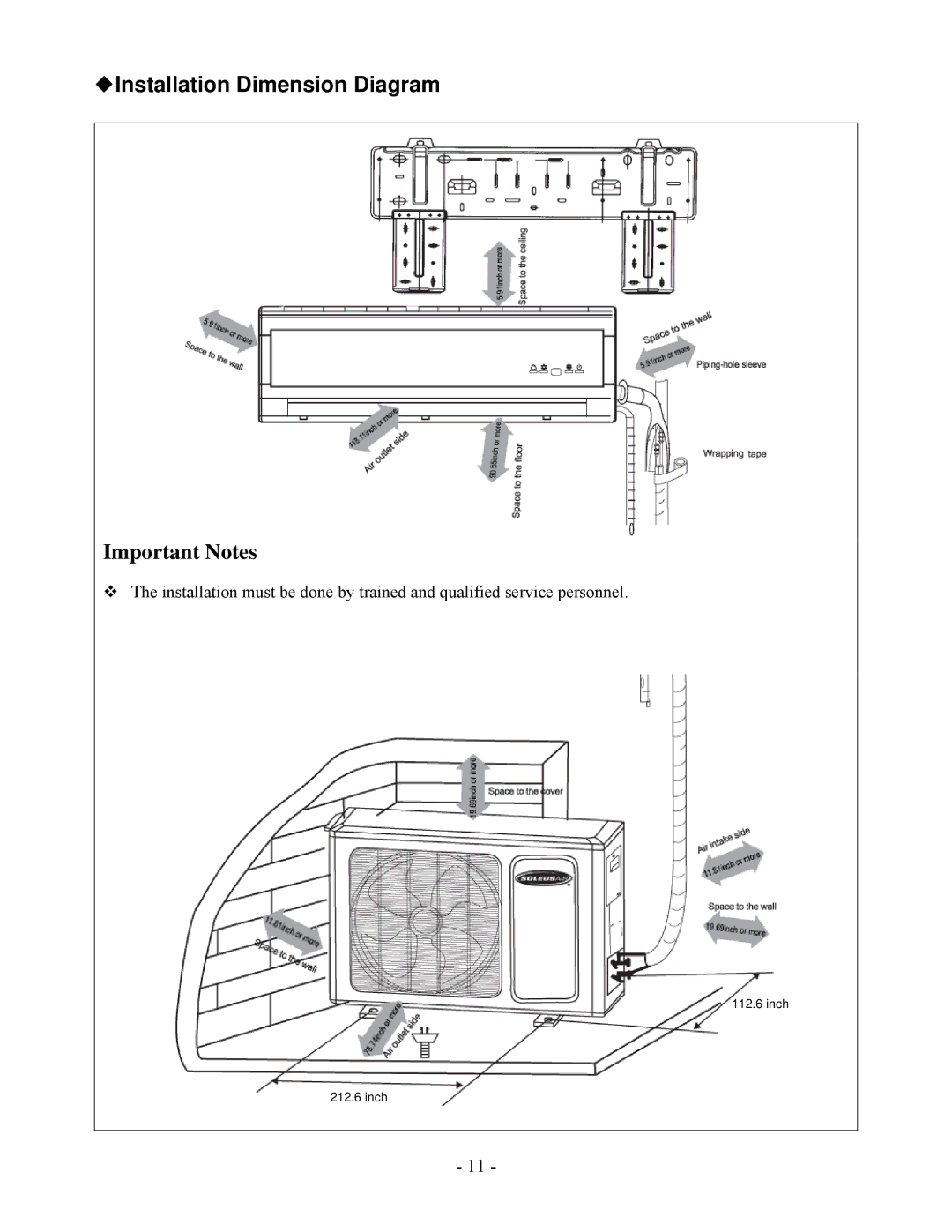 Soleus Air KFHHP-12-OD, KFHHP-12-ID, KFHHP-09-OD, KFIHP-09-ID Installation Dimension Diagram, Important Notes 