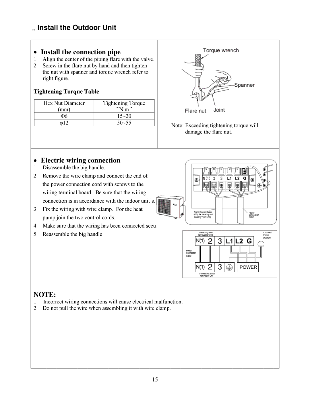 Soleus Air KFHHP-12-OD, KFHHP-12-ID Install the Outdoor Unit, Install the connection pipe, Electric wiring connection 