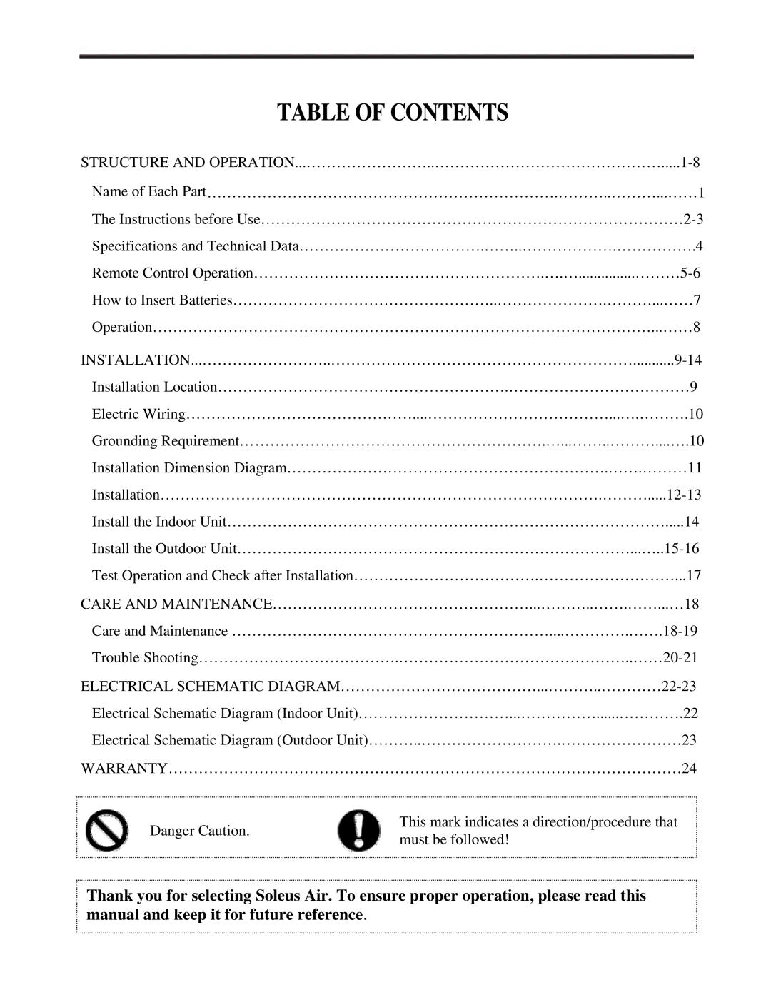 Soleus Air KFHHP-09-OD, KFHHP-12-ID, KFHHP-12-OD, KFIHP-09-ID installation manual Table of Contents 