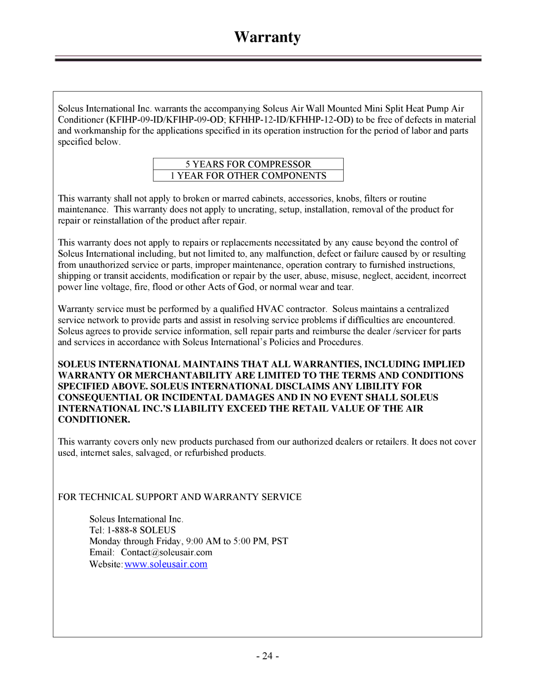 Soleus Air KFHHP-09-OD, KFHHP-12-ID, KFHHP-12-OD, KFIHP-09-ID installation manual Warranty 