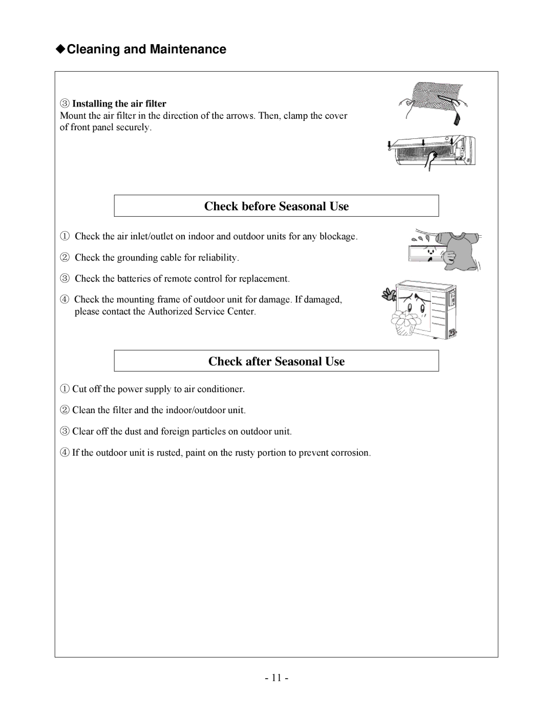 Soleus Air KFHHP-18-OD, KFHHP-18-ID Check before Seasonal Use, Check after Seasonal Use, ③ Installing the air filter 