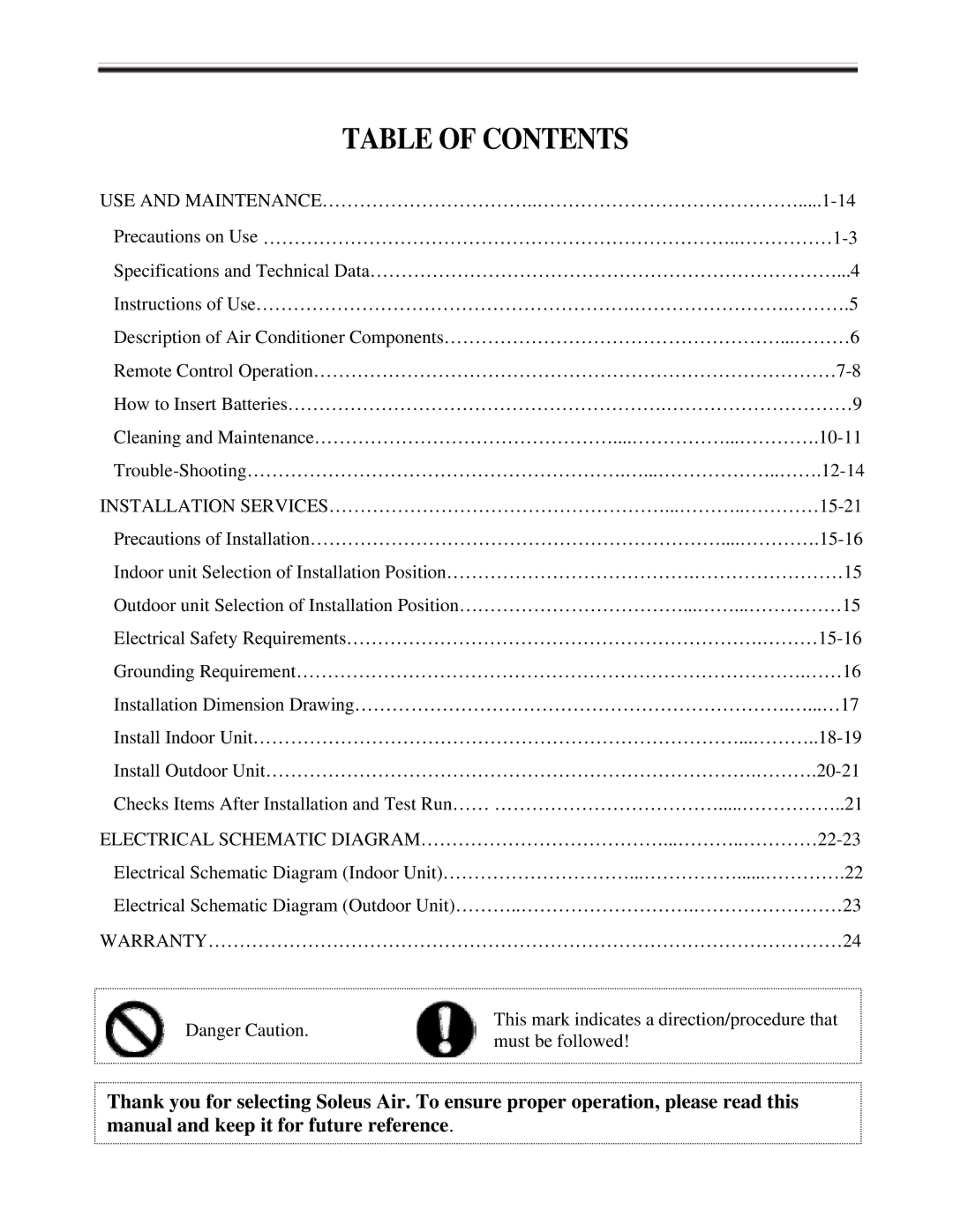 Soleus Air KFHHP-18-ID, KFHHP-18-OD installation manual Table of Contents 