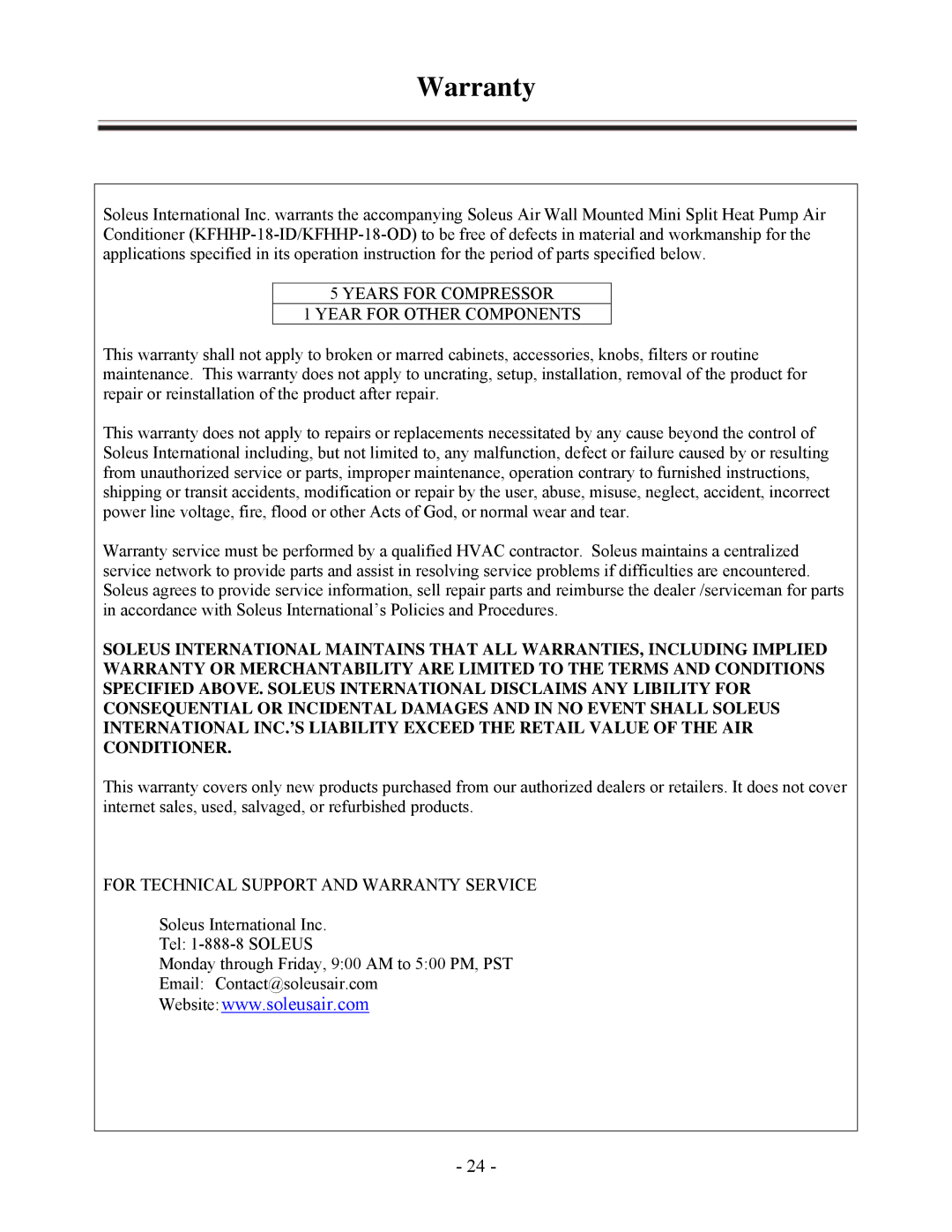 Soleus Air KFHHP-18-ID, KFHHP-18-OD installation manual Warranty 