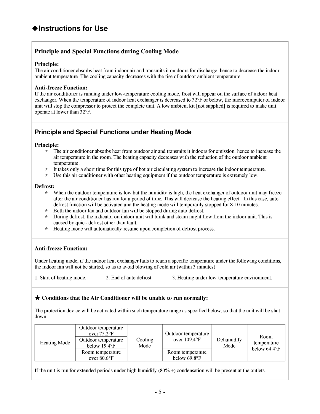 Soleus Air KFHHP-18-OD, KFHHP-18-ID installation manual Instructions for Use, Principle, Anti-freeze Function, Defrost 