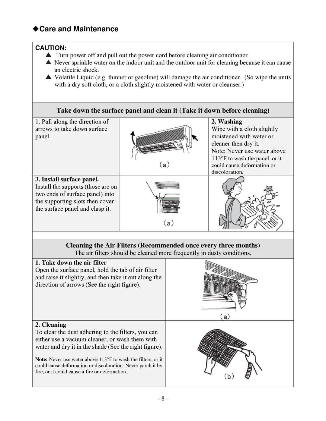 Soleus Air KFHHP-22-OD, KFHHP-22-ID installation manual Care and Maintenance, Washing 