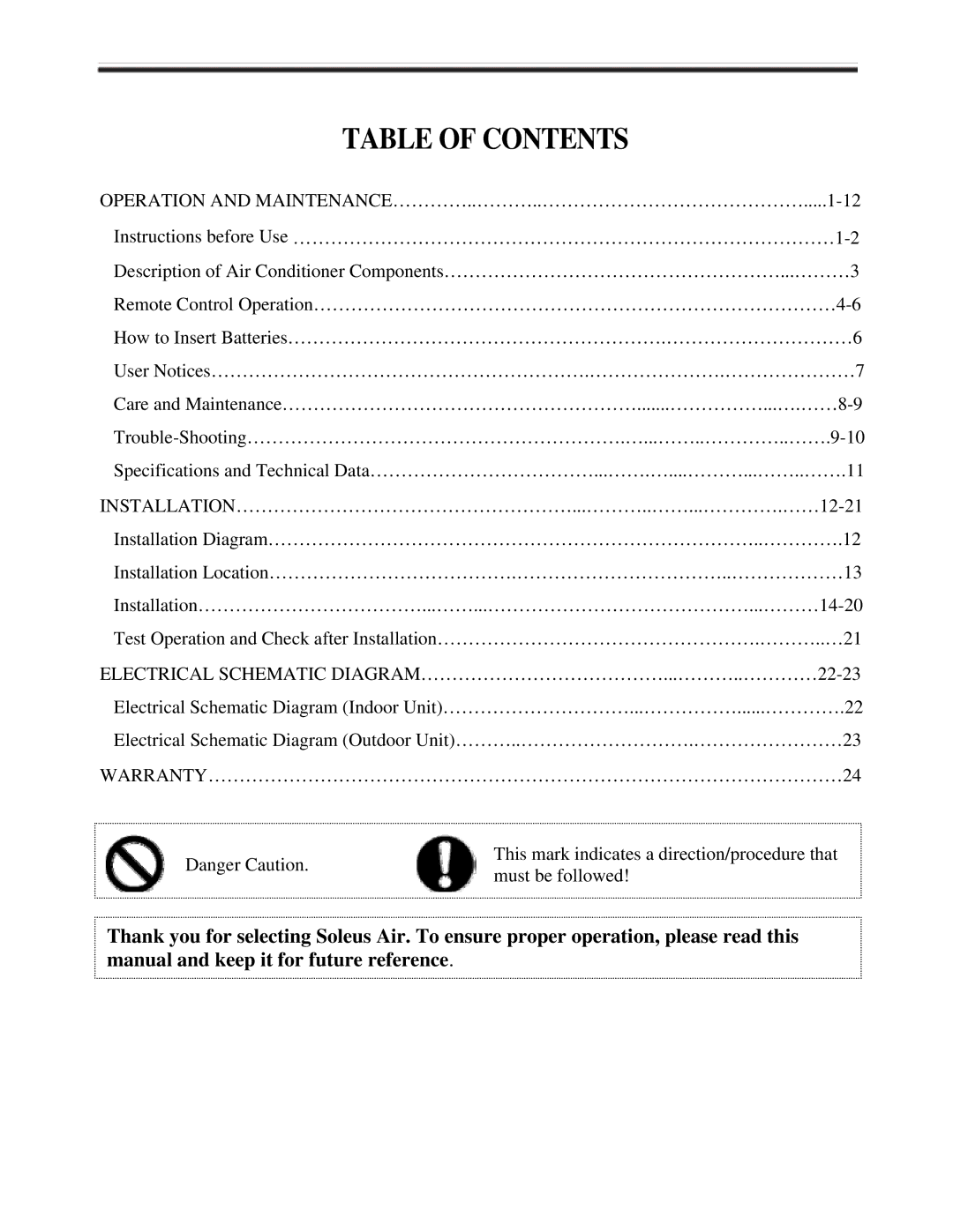 Soleus Air KFHHP-22-OD, KFHHP-22-ID installation manual Table of Contents 