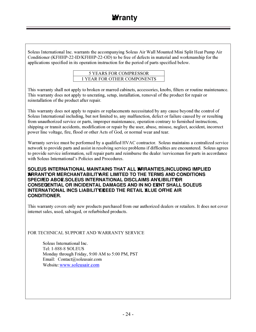 Soleus Air KFHHP-22-OD, KFHHP-22-ID installation manual Warranty 