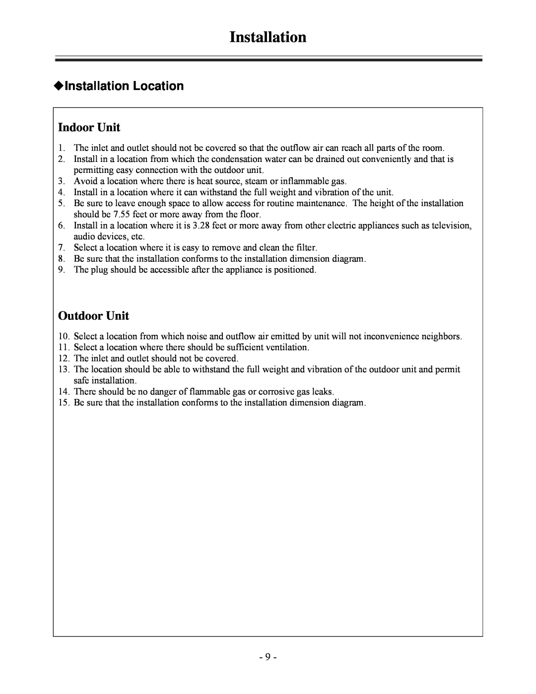Soleus Air KFHIP-09-OD installation manual Installation Location, Indoor Unit, Outdoor Unit 