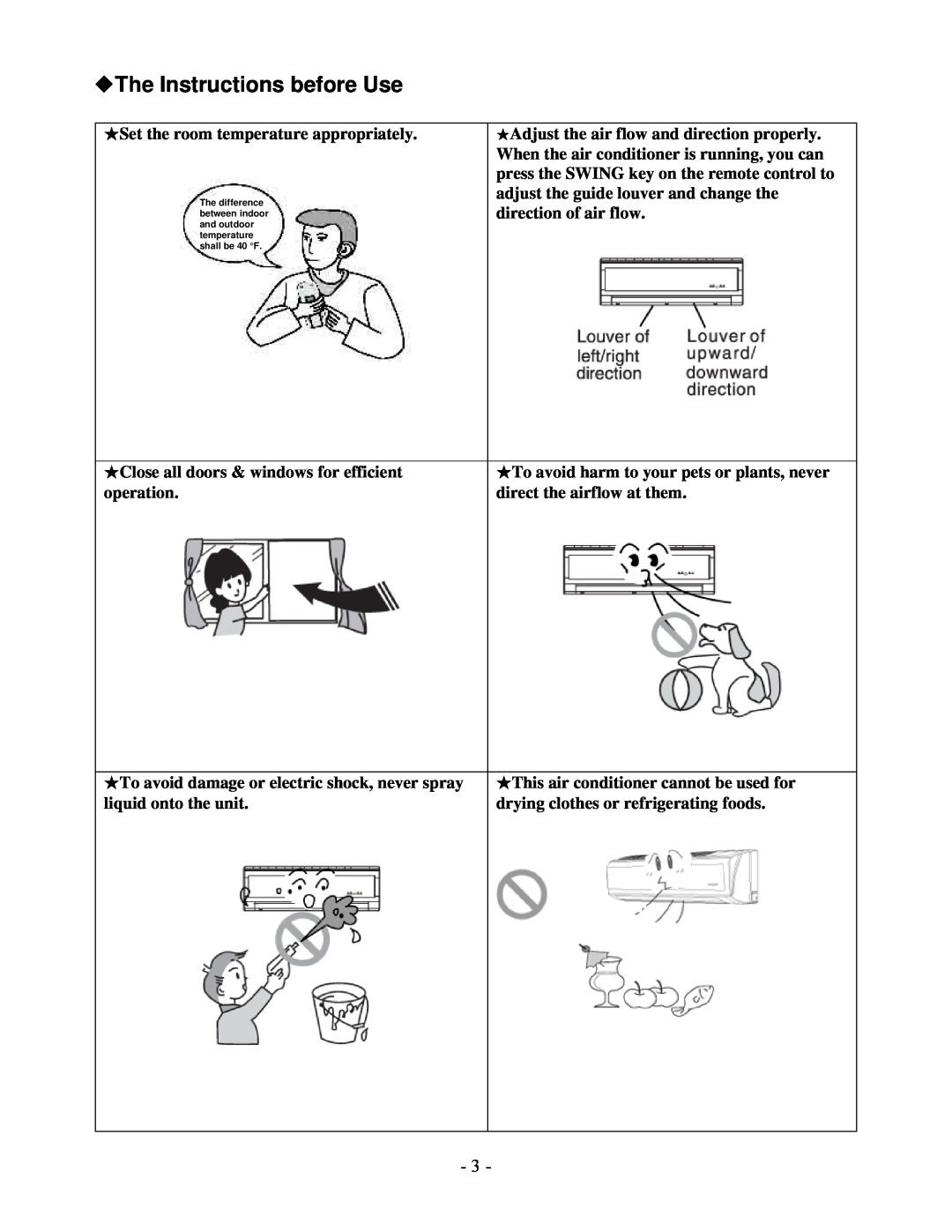 Soleus Air KFHIP-09-OD installation manual The Instructions before Use, Set the room temperature appropriately 