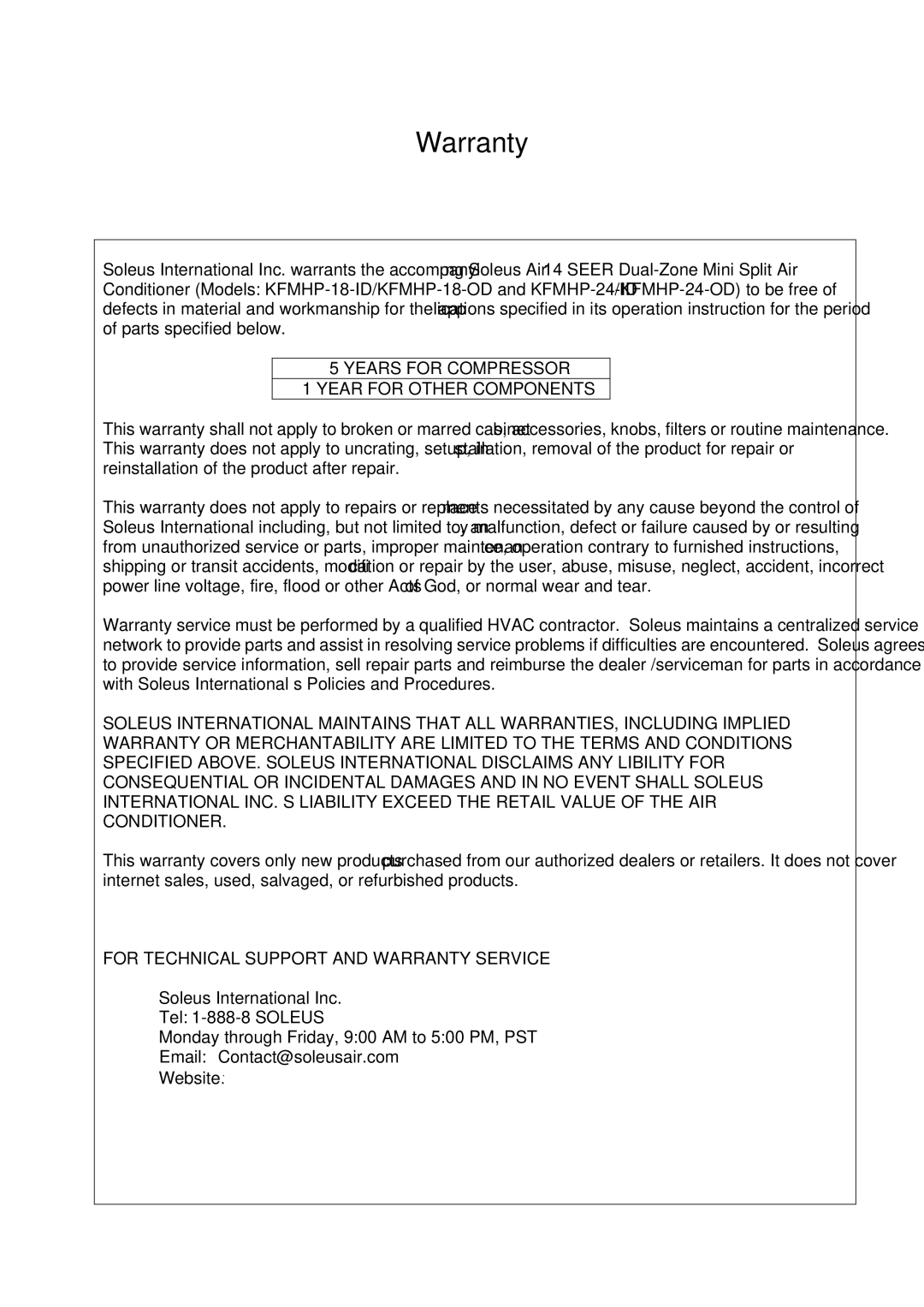 Soleus Air KFMHP-24-ID, KFMHP-24-OD, KFMHP-18-OD, KFMHP-18-ID manual Warranty 