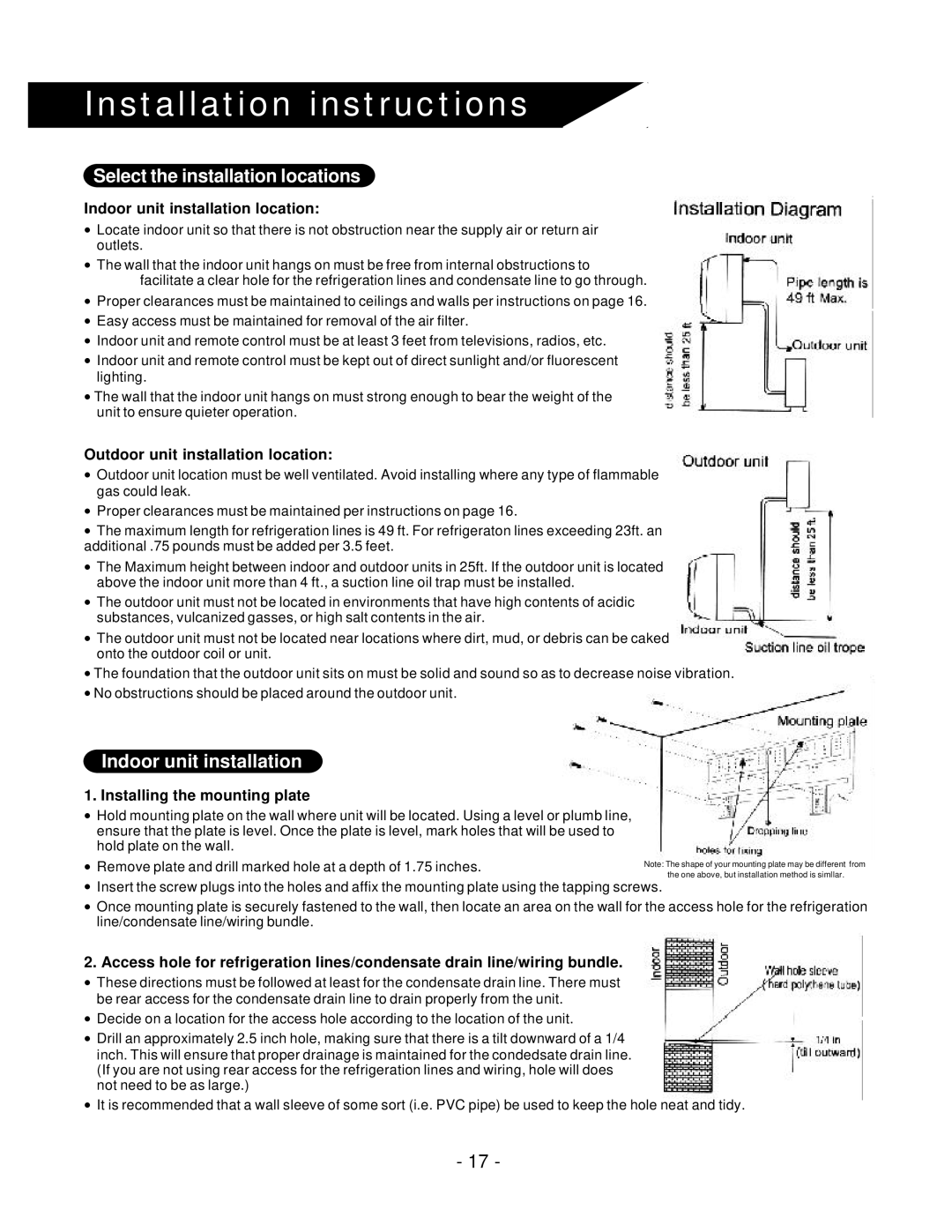 Soleus Air KFR/KFS Series manual Indoor unit installation location, Outdoor unit installation location 