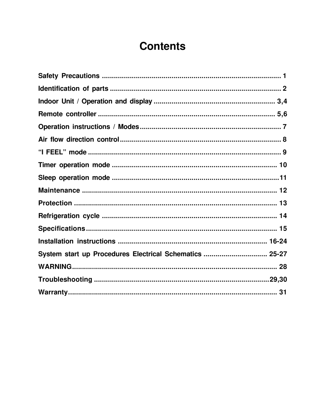 Soleus Air KFR/KFS Series manual Contents 