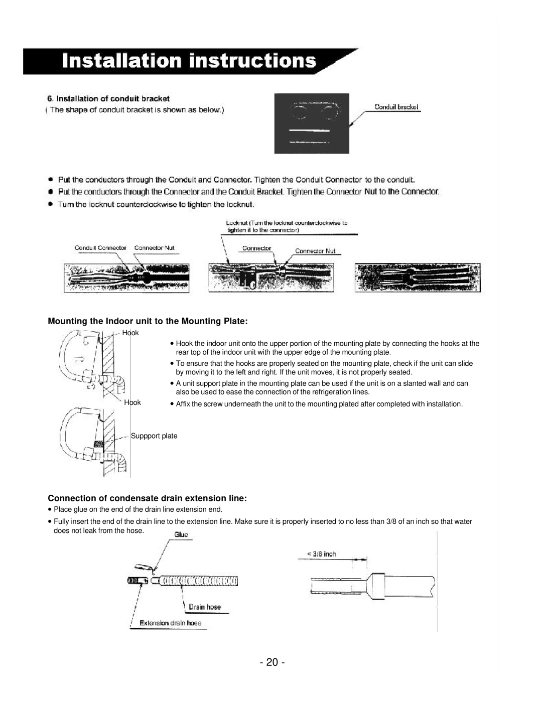 Soleus Air KFR/KFS Series Mounting the Indoor unit to the Mounting Plate, Connection of condensate drain extension line 