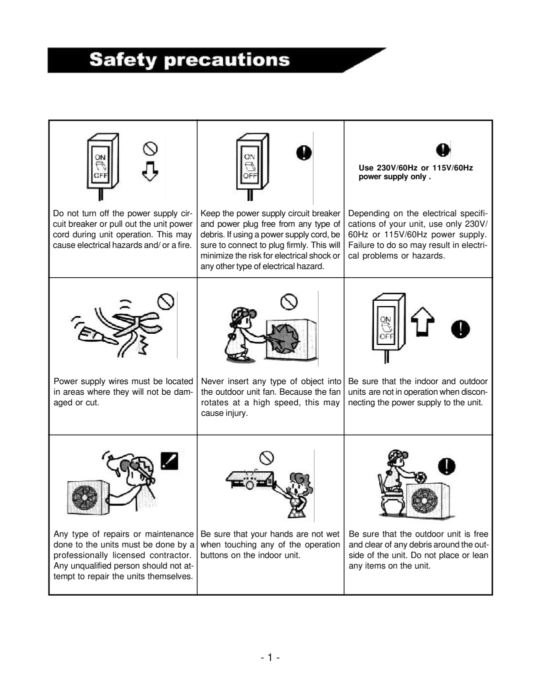 Soleus Air KFR/KFS Series manual Use 230V/60Hz or 115V/60Hz power supply only 